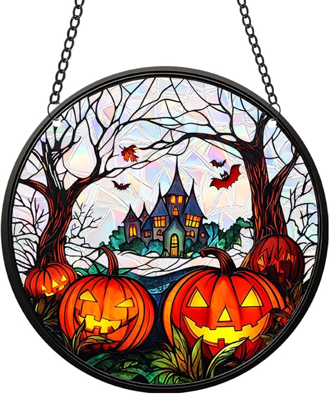 Acrylic Halloween Sun Catcher - 7.87 Inch Pumpkin Round Suncatcher for Window Hanging Decoration - Creates Indoor Rainbows Light Refraction - Spooky Ghost, Witch, Pumpkin Design
