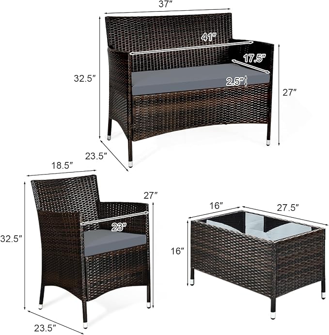 COSTWAY 8PCS Rattan Patio Furniture Set | Outdoor Wicker Rattan Chairs with Coffee Table, Rattan Cushioned Conversation Set for Backyard Balcony Poolside, Grey