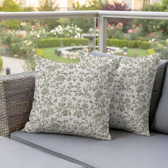 Pastoral Flowers Outdoor Pillow Covers 24"x24" Set of 2, Green Flower Vintage Linen Texture Waterproof Throw Pillow Covers for Patio Furniture, Decorative Cushion Covers for Porch