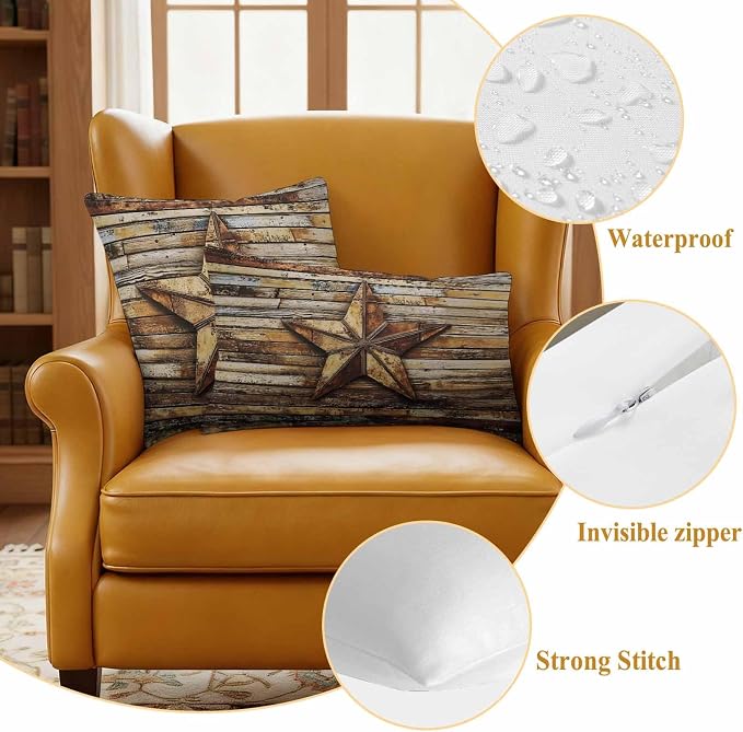 Retro Star Outdoor Waterproof Throw Pillow Covers Set of 2, 18"x18", Abstract Metal Stars Old Weathered Wood Grain Decorative Pillow Covers Outside Cushion Case for Patio Porch Garden