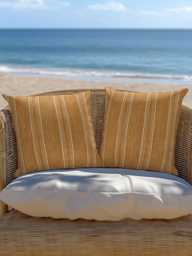 Waterproof Outdoor Pillow Set of 2 Orange Linen Stripes Decorative Throw Pillows Cover & Insert 18x18 Inch Pillowcase Parallel Vertical Lines Pillows for Couch Sofa Bed Patio Furniture Indoor Outdoor