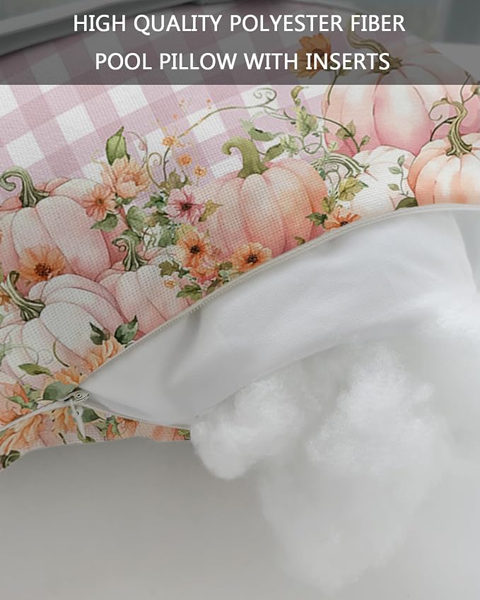 Outdoor Pillows Covers with Inserts Thanksgiving Pink Pumpkin Fall Sunflower Pink Plaid Waterproof Pillow with Adjustable Strap Throw Pillows for Patio Furniture Recliner Lounge Chair, 11" x 16", 1PCS