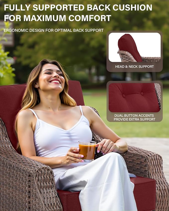Belord Luxurious 7 Piece Patio Furniture Set with Fire Pit Table, High Back Swivel Rocker Glider Outdoor Chairs with 6" Cushion, All-Weather Patio Conversation Set for Yard Garden Brown Wicker