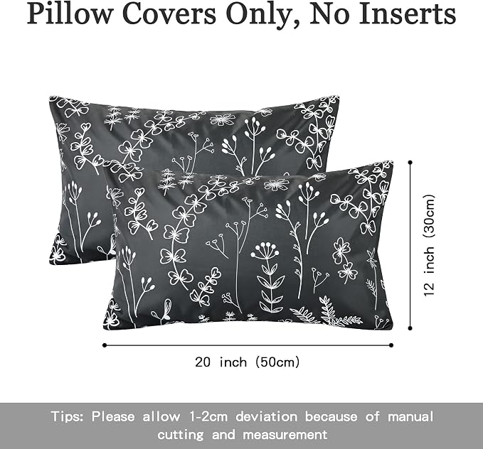 Black Floral Outdoor Pillow Covers 12x20 Inch Set of 2 | Waterproof Throw Pillow Cover, Summer Decorative Outdoor Cushion Cases for Patio Garden Beach Tent Balcony Couch Sofa