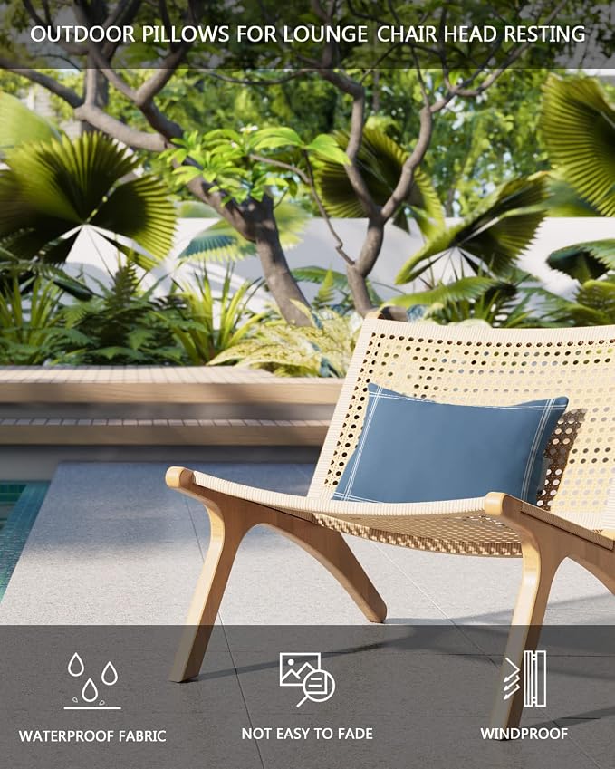T&H XHome Outdoor Pillow for Chaise Lounge Chair, Solid Color RoyalBlue Waterproof Headrest Pillow Lumbar Pillows with Insert & Adjustable Elastic Strap for Beach, Poolside, Patio, Office (2 Pack)