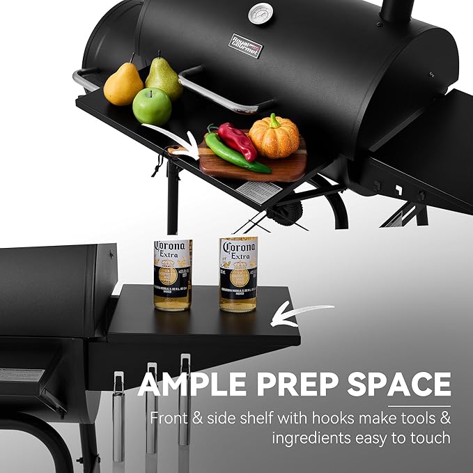 Barrel Charcoal Grill with Offset Smoker, Side Shelf with Hooks, Mesh Bottom Shelf, Blow-Molded Wheels, Outdoor Grilling and Backyard Cooking, CC1624S, Black