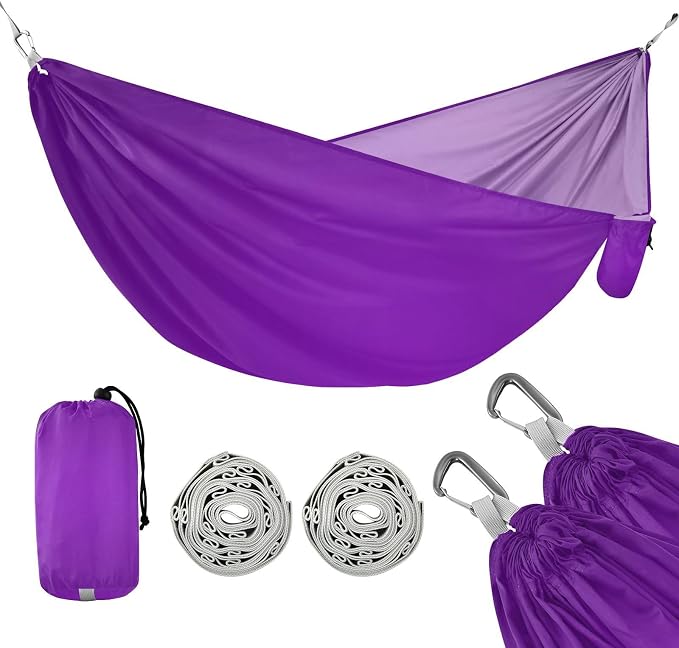 Purple Solid Color Camping Hammock, Portable Lightweight Single Hammock with Tree Straps and Aluminum Carabiners, 114" x 54" Travel Hammock for Hiking Backpacking Beach