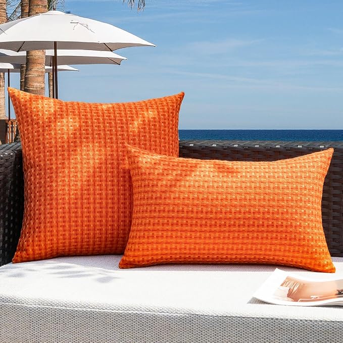 Kevin Textile Outdoor Waterproof 24"x24" Pillow Covers 2 Pack, Orange | Water Resistant Weaving Faux Linen Texture Throw Pillow Covers, Outside Decorative Pillowcases for Garden Patio Balcony Couch