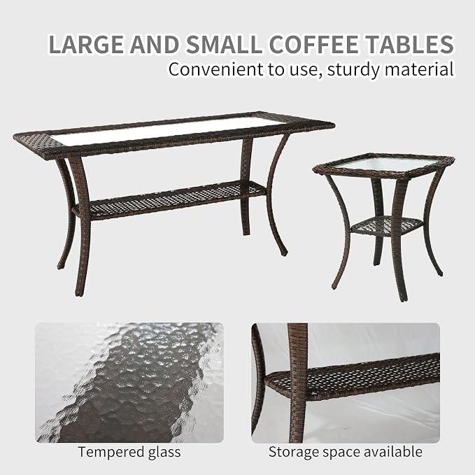 Outdoor Swivel Rocker Patio Chairs (Brown Wicker/Grey Cushion, 7PC/Sofa & Swivel &2 Table & Ottomans)
