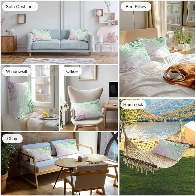 Vandarllin Outdoor Throw Pillows Covers 20x12 inch Set of 2 Waterproof Summer Beach Decorative Zippered Cushion Covers for Patio Furniture, Ombre Green Abstract Leaf Lines Lumbar Pillowcases