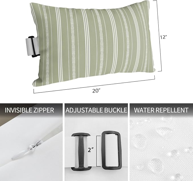 Outdoor Lumbar Pillow 12x20 Inch, Boho Sage Green Waterproof Throw Pillow Covers with Insert, Minimalist Farmhouse Striped Decorative Headrest Pillows for Office Car Travel