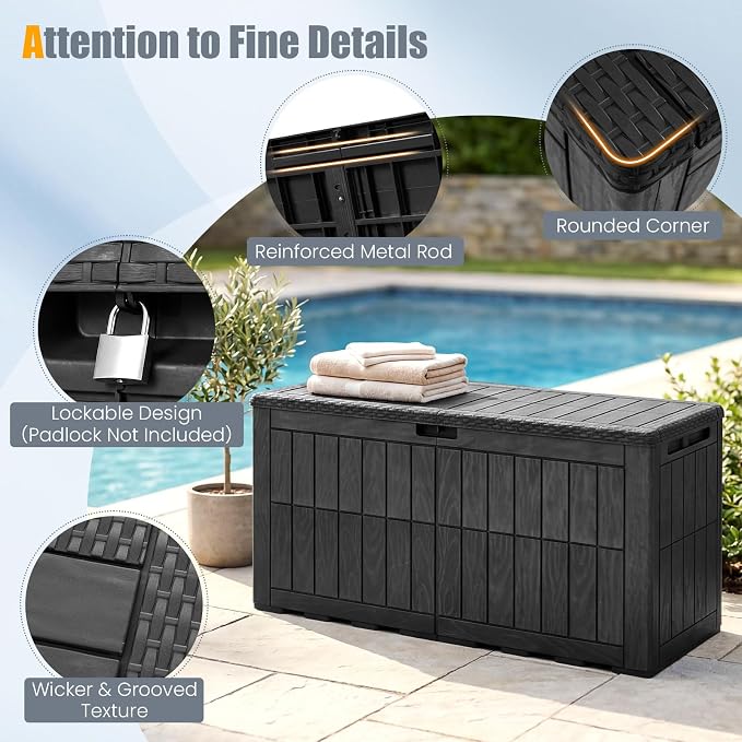 HAPPYGRILL 100 Gal Outdoor Deck Box, Lockable Storage Bin with Lid and Handles, Waterproof and Sun-Protective Patio Bench and Storage Box for Garden Tools Pool Supplies (Black, 100Gallon)