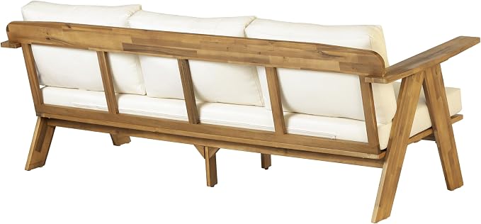 Christopher Knight Home Dina 5-Piece Patio Furniture Set For 8, Acacia Wood Outdoor Conversation Set with Coffee Table, Outdoor 3-Seater Sofas And Club Chairs Set With Cushions for Backyard,Teak+Beige