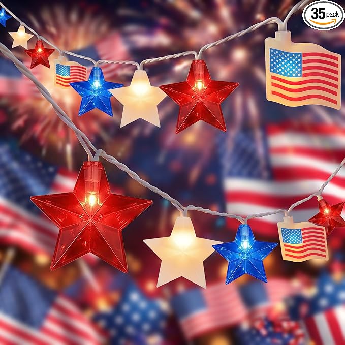 35 LED Red White Blue String Lights, 13.6FT 4th of July Decoration Lights with Patriotic Star & American flag Lights, Connectable Independence Day Lights for Window Home Patio Party Garden Decor