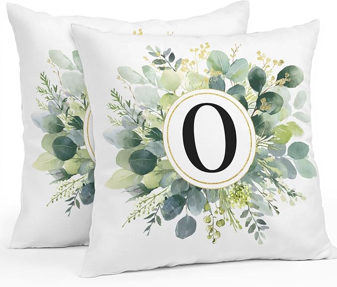 Letter O Waterproof Outdoor Pillow Covers Set of 2 Home Decor, Alphabet Green Eucalyptus Leaves Pillowcase Patio Pillow Covers for Couch Bench Patio Furniture Garden 16x16in