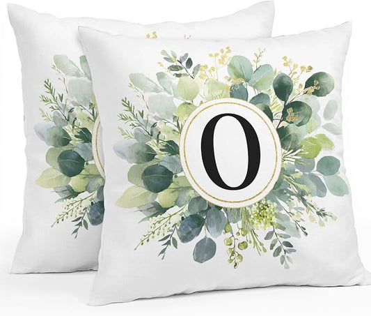 Letter O Waterproof Outdoor Pillow Covers Set of 2 Home Decor, Alphabet Green Eucalyptus Leaves Pillowcase Patio Pillow Covers for Couch Bench Patio Furniture Garden 18x18in