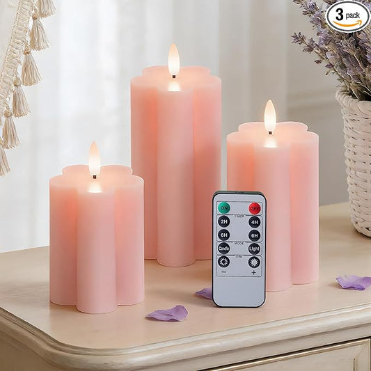 Pink Flower Flameless Candles with Remote and Timer Real Wax Made LED Pillar Candles Battery Operated with 3D Flickering Flame Indoor Use Spring Decor, 3" x 4",5",6", Set of 3