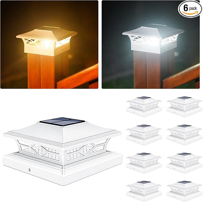 VOLISUN Solar Post Cap Lights: 8 - Pack Outdoor Deck Post Cap Lights White for Dock Fence Waterproof 2 Color Modes,4x4/6x6 Wooden/Vinyl Posts