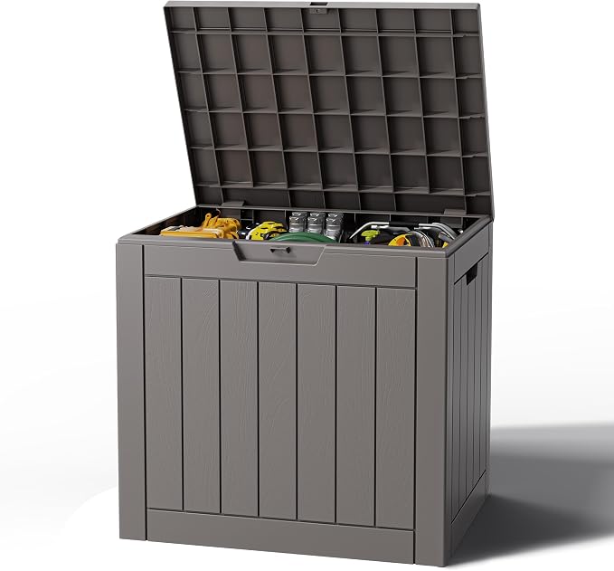 Outdoor Storage Box, Resin Deck Boxes Indoor and outdoor, Waterproof Storage Box Lockable Lid (Grey,32 Gallon)