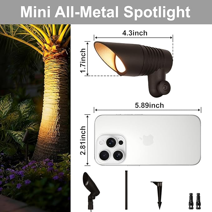 Mini LED Landscape Spotlights, 16'' Tall Pole, 5CCT 5W 12 Volt Wired Low Voltage Bronze Landscape Small Spot Lights for Outdoor Tree Flag House Pathway Driveway, 60° Beam Angle, 6PK