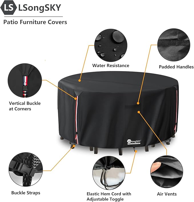 Round Patio Furniture Covers,600D Heavy Duty Waterproof Outdoor Furniture Cover for Round Dining Table with Rocking Swivel Chairs Set,62" Dia x 28" H Black