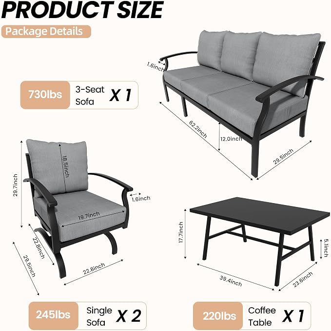 Metal Patio Furniture Set, 4 Piece Outdoor Sectional Conversation Sofa Set, 3-Seat Sofa w/2 Single Sofas and Coffee Table, Garden, Porch, Balcony, Deck, Grey