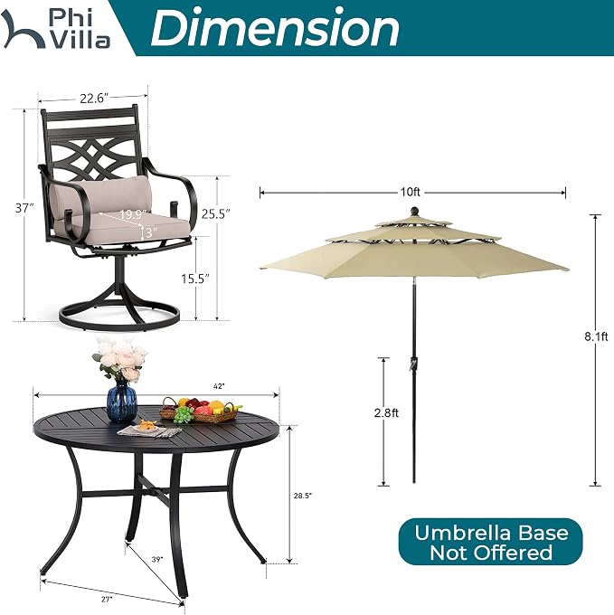 PHI VILLA 4 Piece, Outdoor Dining Set, Round Metal Table, 10ft Umbrella | 10ft 3-Layer Auto-tilt Round Umbrella, Swivel Chairs, Cushions, Beige