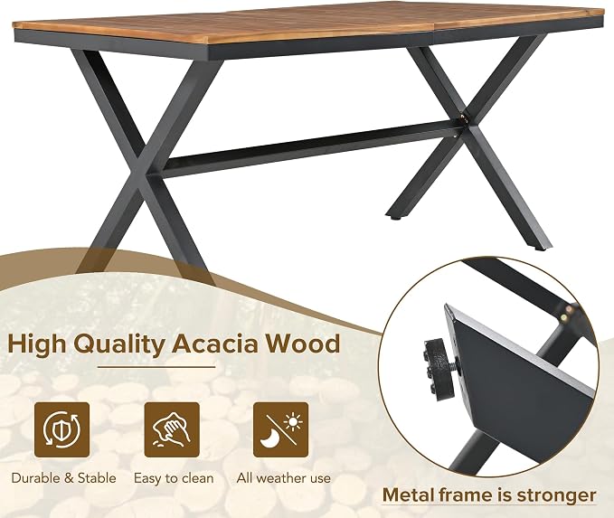 7 Pieces Patio Dining Set, All-Weather Outdoor Furniture Set with Dining Table and Chairs, Acacia Wood Tabletop, Metal Frame, for for Garden, Backyard, Balcony, Grey