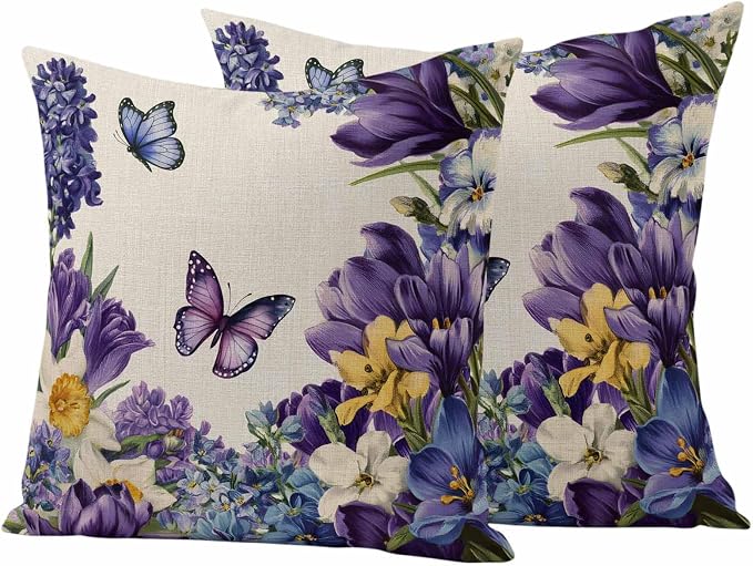Outdoor Waterproof Pillow Covers for Patio Furniture Purple Blue Flowers Butterfly Throw Pillow Cover Watercolor Floral Linen Pillowcases Set of 2 Cushion Case for Sofa Couch Chair 20x20 inch