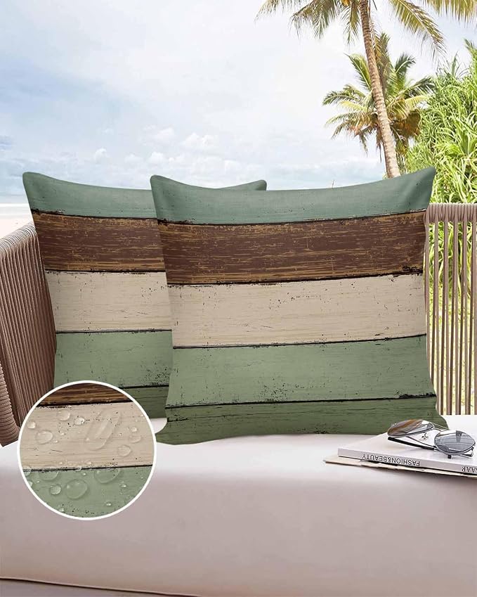 Vandarllin Outdoor Throw Pillow Covers 26X26 Set of 2 Waterproof Sage Green Brown Decorative Zippered Cushion Covers for Patio Furniture, Farmhouse Retro Rustic Barn Wood Texture Lumbar Pillowcases