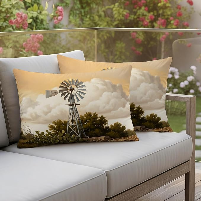 Windmill Outdoor Pillow Covers 20"x12" Set of 2, Windmill Farmhouse Sunset Field Trees Rustic Waterproof Throw Pillow Covers for Patio Furniture, Decorative Cushion Covers for Porch