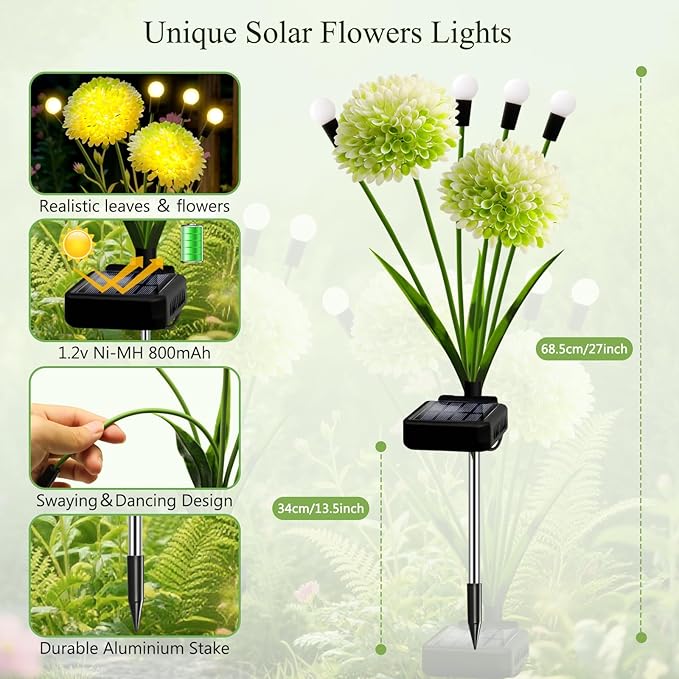 Solar Lights Outdoor Waterproof, 2 Pack Solar Firefly Swaying Lights with Flowers, Flower Light Garden Decor for Outside Yard Patio Thanksgiving for Women Grandma