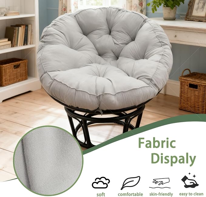Papasan Cushion, 52 inch Papasan Chair Cushion, Thickened Padded Round Papasan Cushion (Grey) | Thickened Papasan Cushion, Indoor Papasan Chair Cushion (Without Chair), with Ties, Grey