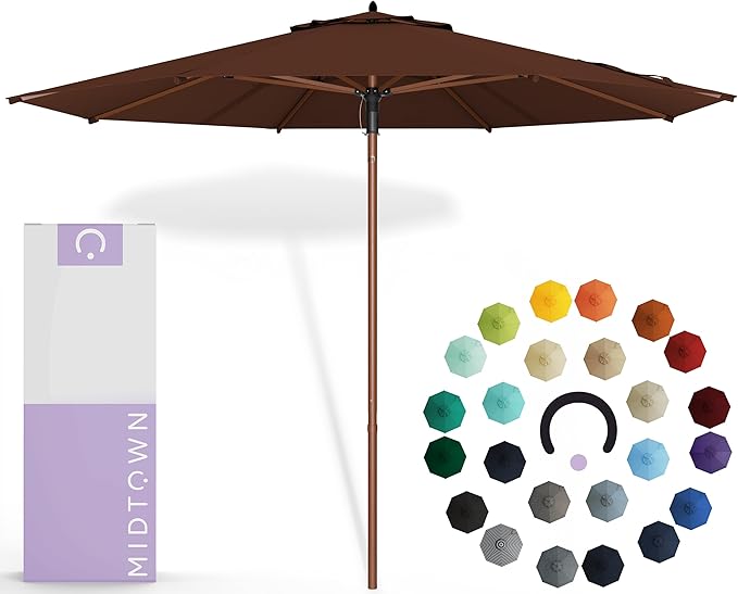Midtown Umbrellas The Wooden 8 Feet Patio Umbrella With Sunbrella Bay Brown Acrylic Fabric - Aluminum Frame Market Umbrella For Backyard, Deck, Garden, Pool - Wooden Pole