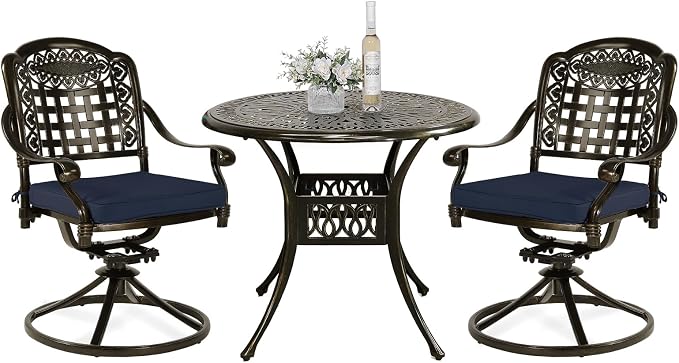 VIVIJASON 3-Piece Patio Bistro Set, Outdoor All-Weather Cast Aluminum Furniture Dining Set, Include 2 Swivel Chairs and 34.5" Round Table w/Umbrella Hole for Balcony, Lawn, Garden (Navy Blue Cushion)