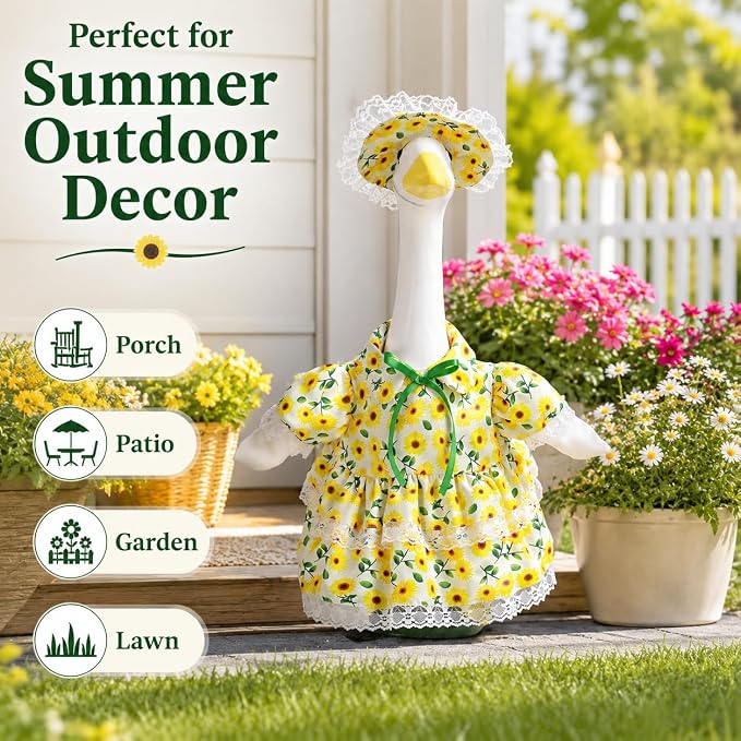 Spring Summer Porch Goose Outfit for 23 Inch Goose Statue, Sunflower Porch Goose Clothes with Lace Trim and Matching Hat, Cute Goose Statue Clothes for Outdoor Yard Lawn Patio Garden Decor
