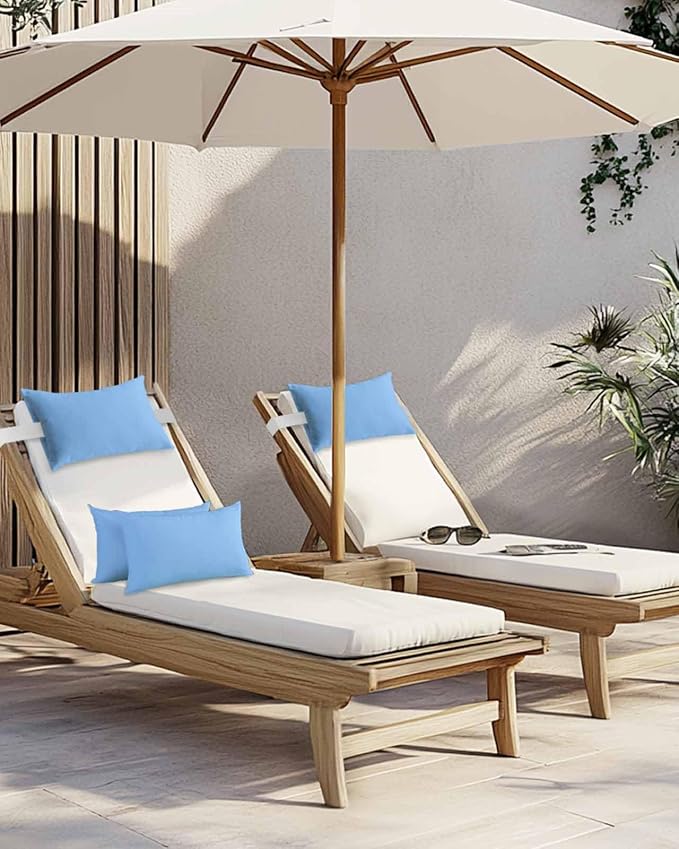 Chaise Lounge Chair Pillow with Strap & Insert Skyblue Pattern Outdoor Recliner Head Pillow Pack of 2 Pure Colour Waterproof Headrest Patio Lumbar Pillow for Beach Pool Office Chair 12x20 Inch