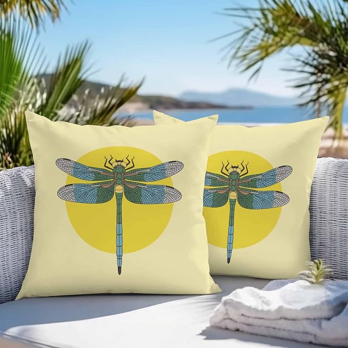 Throw Pillow Covers 18x18 Inch Set of 2, Blue Dragonfly Waterproof Outdoor Pillow Covers, Yellow Vintage Art Decorative Cushion Pillowcases for Couch, Sofa, Bed, Garden, Patio