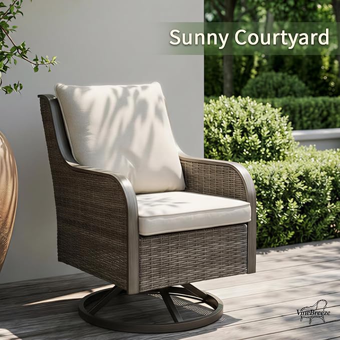 Swivel PE Wicker Chair, Outdoor Patio Chair with 360° Rotation & Water-Resistant Cushion for Porch, Deck, Balcony – All-Weather Handwoven Design (Beige, 1PCS)