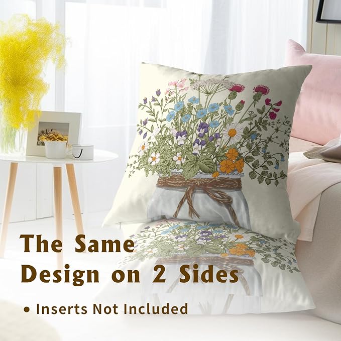 Flowers Vase Throw Pillow Cover 22x22 inch,2 Pcs Watercolor Floral Delicate Wildflowers Summer Seasonal Decorative Pillow Cases Linen Square Cushion Covers for Couch Sofa Home Decor