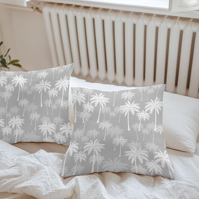 Throw Pillow Covers 18x18 Inch Set of 2, Tropical Palm Tree Waterproof Outdoor Pillow Covers, Gray White Plants Coastal Leaf Beach Decorative Cushion Pillowcases for Couch, Sofa, Bed, Garden, Patio