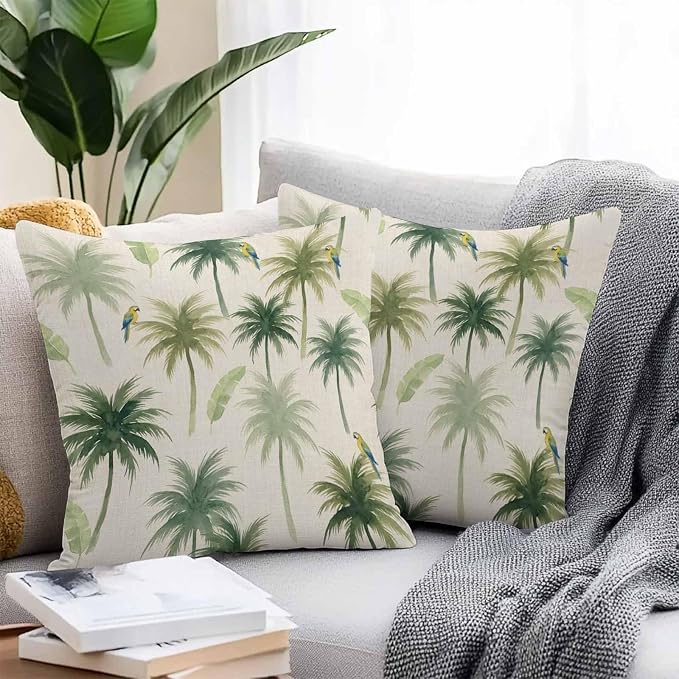 Yukro Summer Palm Tree Parrot Outdoor Waterproof Pillow Covers Pack of 2, Tropical Green Leaf Bird Retro Throw Pillowcases Decorative Cushion Covers for Garden Patio Tent Sofa Couch, 24x24 inch