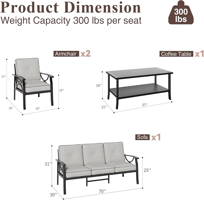 RoyalCraft Outdoor Patio Furniture Set, 4 Piece Patio Conversation Set with Coffee Table, Metal Furniture Set for Porch Backyard Garden, Black