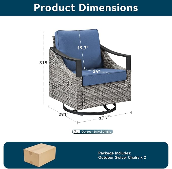 Outdoor Swivel Rocker Patio Chairs-High Back Wicker Swivel Rocker Patio Chairs Set of 2,PE Wicker Chair Outdoor Patio Furniture Sets with Covered Cushions for Porch Balcony Patio Deck Grey/Blue
