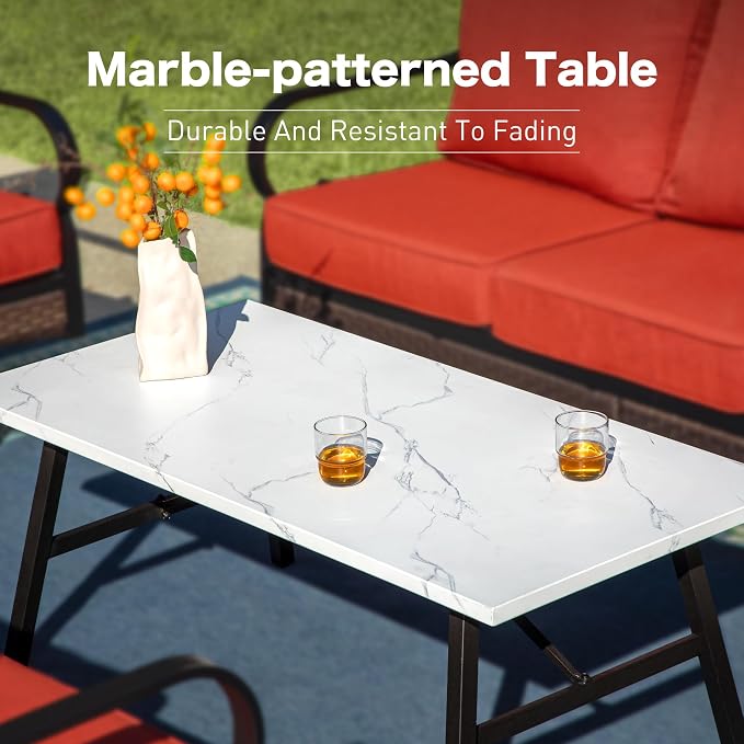 SUNSHINE VALLEY 6 Piece Metal Outdoor Patio Furniture Set, Patio Conversation Set with Swivel Chair and 5.75" Thick Cushion & Coffee Tabl, Outdoor Seating Black Frame Backyard Furniture, Rust Red