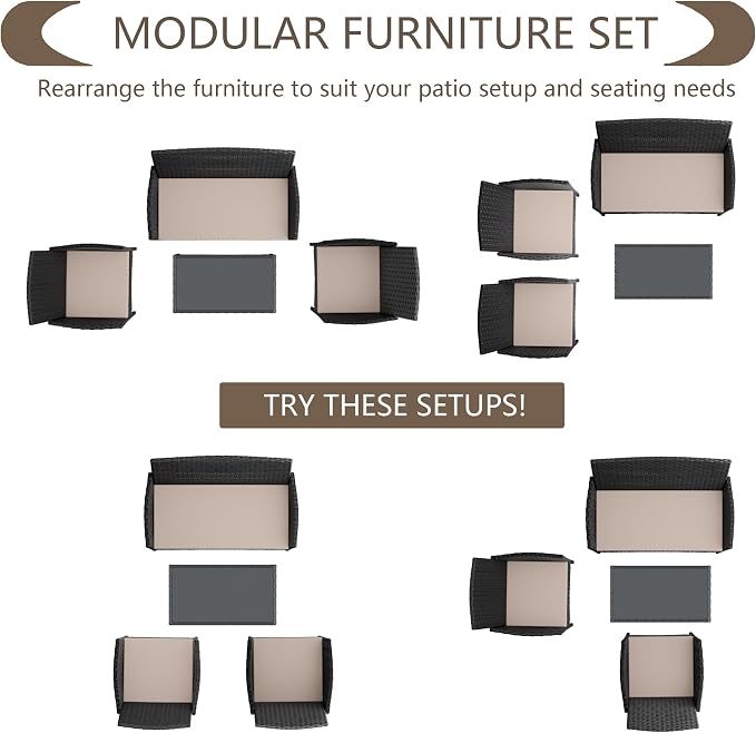 4 Pieces Patio Furniture Set Outdoor Conversation Set Rattan Furniture Set Wicker Chairs and Sofa with Glass Table for Porch Pool Backyard Garden Sand