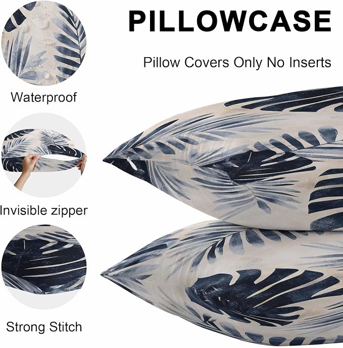 Pack of 2 Waterproof Outdoor Pillow Covers 20x12 Inch Decorative Pillow Covers Navy Blue Palm Leaves Throw Pillowcases Tropical Botanical Retro Outdoor Cushion Cover for Couch, Patio, Tent