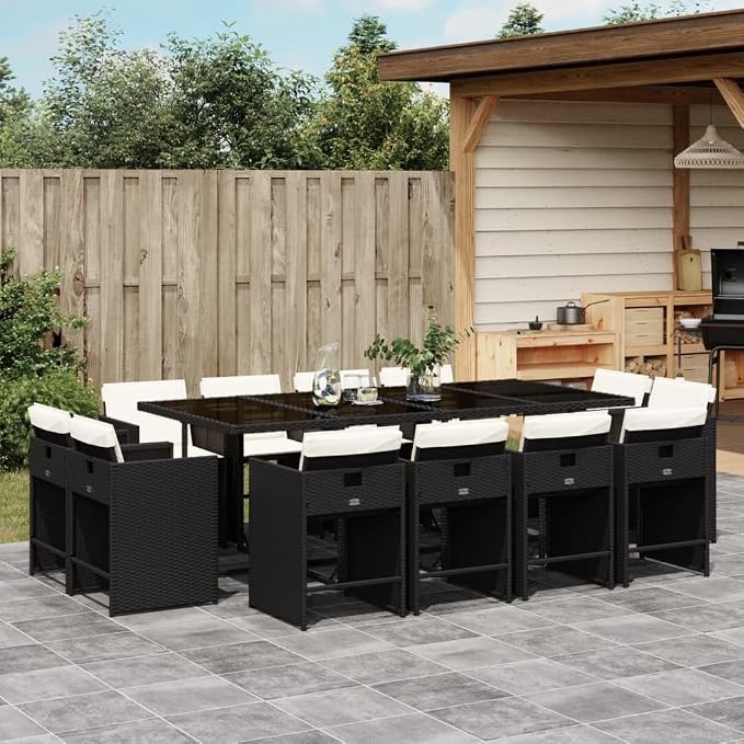 13 Piece Patio Dining Set with Cushions Black Poly Rattan Outdoor Rattan Furniture Set for 12 People Garden Dining Table with Folding Chairs Tempered Glass Top UV Proof