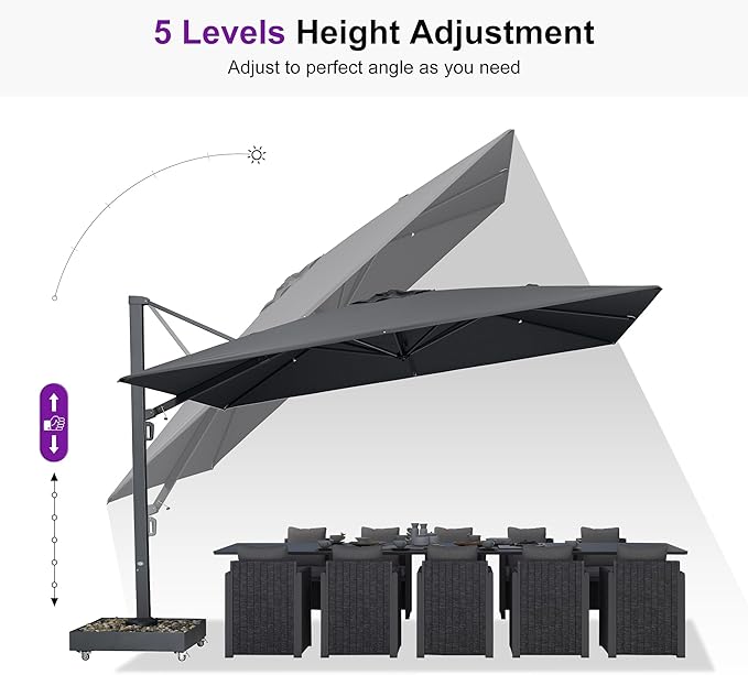 PURPLE LEAF 13' X10' Space Saving Rectangle Patio Umbrella Large Outdoor Aluminum Offset Umbrella with 360-degree Rotation Cantilever Umbrella for Garden Deck Backyard Pool Grey
