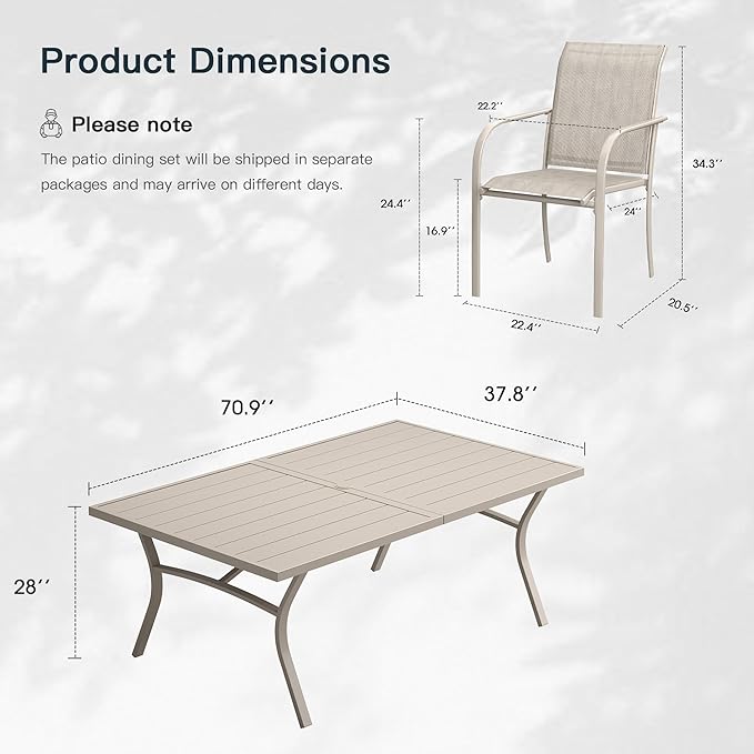 VICLLAX 9 Pieces Patio Outdoor Dining Set, 70" Outdoor Rectangular Metal Dining Table with Umbrella Hole and 8 Stackable Textilene Chairs for Lawn, Garden, Porch, Sandshell